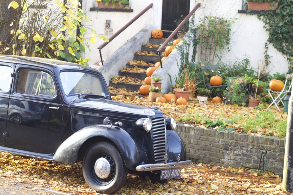 pumpkins and vintage car