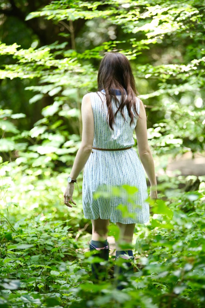 miss patina dress in the woods