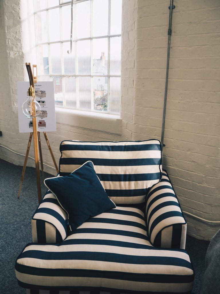 blue and white strip dfs joules armchair