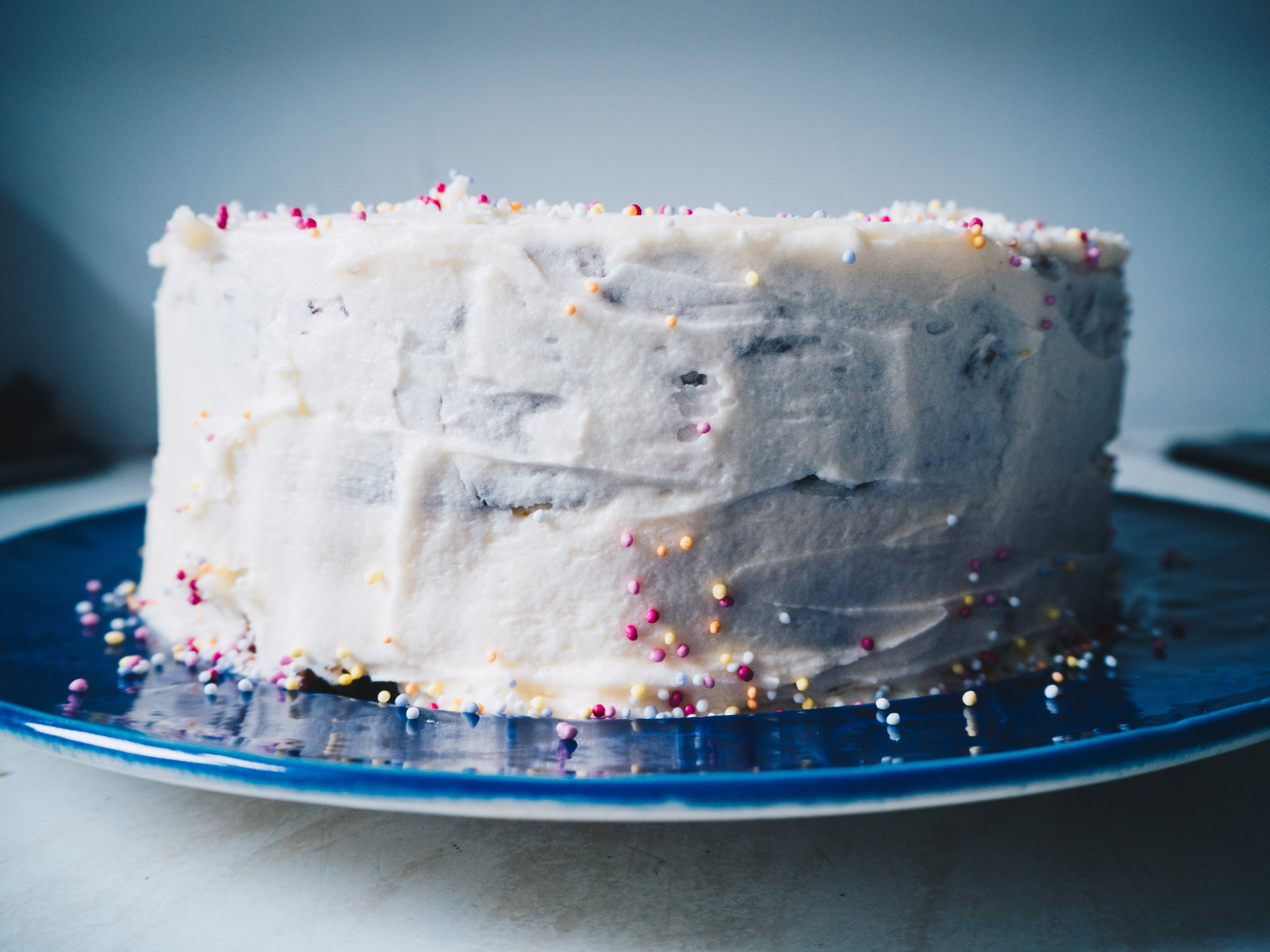 up close on vegan vanilla sprinkles cake