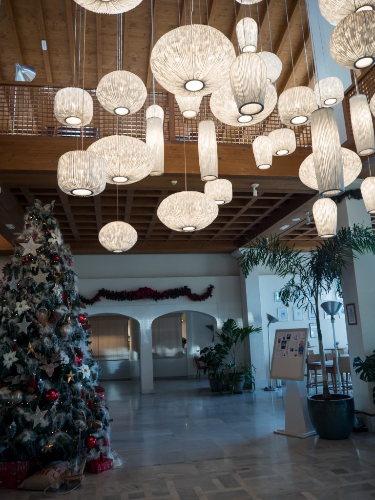 lobby decorated for christmas